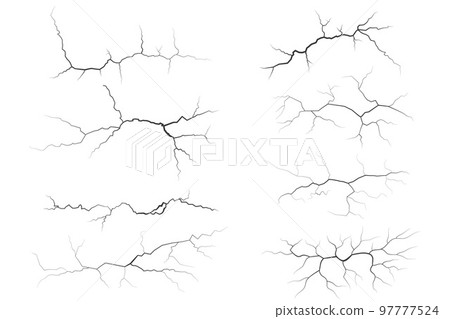 Cracks collection on wall, earth or stone. Scratches lines on surfaces. Lightning and thunderstorm vector illustrations. Fissure on ground and ice. Graphic explosions textures with holes. Cracks collection on wall, earth or stone. Scratches lines on surfaces. Lightning and thunderstorm vector illustrations. Fissure on ground and ice. Graphic explosions textures with holes. 97777524