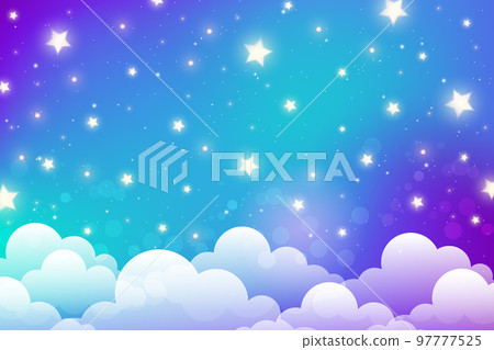 Night sky with stars and clouds. Magical landscape, abstract fabulous pattern. Cute candy wallpaper. Vector cartoon illustration. Night sky with stars and clouds. Magical landscape, abstract fabulous pattern. Cute candy wallpaper. Vector cartoon illustration. 97777525
