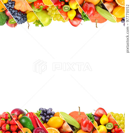 Vegetables and fruits isolated on white . Collage. Free space for text. Vegetables and fruits isolated on white . Collage. Free space for text. 97778052