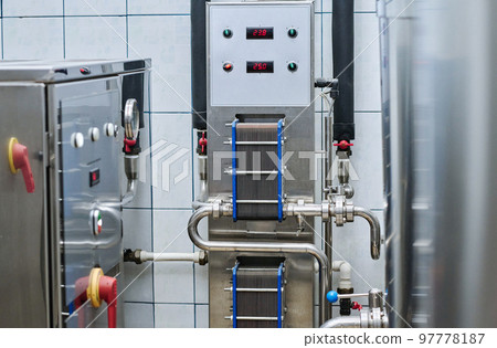 Close-up of modern equipment with control panel for processing chemical materials Close-up of modern equipment with control panel for processing chemical materials 97778187