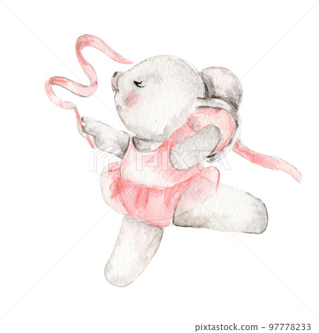 Watercolor hand drawn of gray mouse ballerina in pink dress. Cute dancing mice, watercolor illustration, animal with cartoon character. Perfect for greeting card, print design, wedding invitation. Watercolor hand drawn of gray mouse ballerina in pink dress. Cute dancing mice, watercolor illustration, animal with cartoon character. Perfect for greeting card, print design, wedding invitation. 97778233