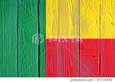 Benin flag painted on old wood plank background. Brushed natural light knotted wooden board texture. Wooden texture background flag of Benin. 97778491
