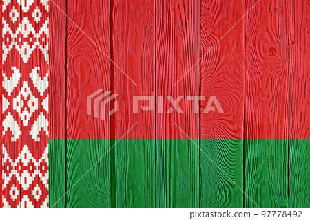 Belarus flag painted on old wood plank background. Brushed natural light knotted wooden board texture. Wooden texture background flag of Belarus. Belarus flag painted on old wood plank background. Brushed natural light knotted wooden board texture. Wooden texture background flag of Belarus. 97778492