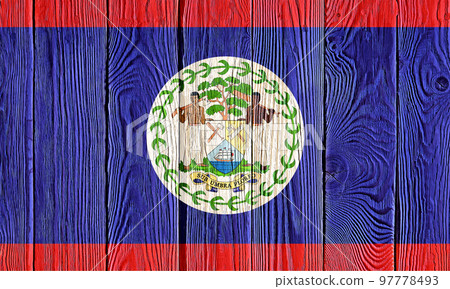 Belize flag painted on old wood plank background. Brushed natural light knotted wooden board texture. Wooden texture background flag of Belize. Belize flag painted on old wood plank background. Brushed natural light knotted wooden board texture. Wooden texture background flag of Belize. 97778493