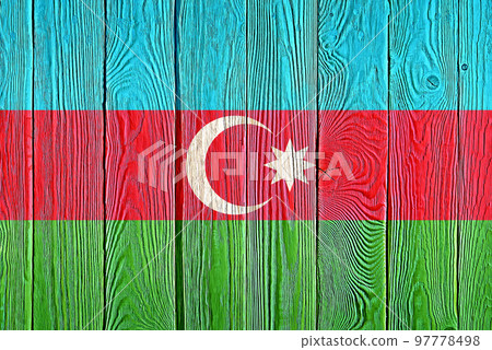 Azerbaijan flag painted on old wood plank background. Brushed natural wooden board texture. Wooden texture background flag of Azerbaijan. Azerbaijan flag painted on old wood plank background. Brushed natural wooden board texture. Wooden texture background flag of Azerbaijan. 97778498
