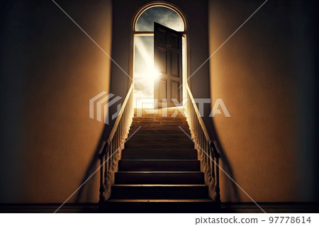 Door opening passage to afterlife at end of stairway to heaven Door opening passage to afterlife at end of stairway to heaven 97778614