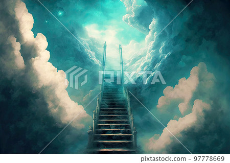 Faith and hope high stairway to heaven in middle of clouds 97778669