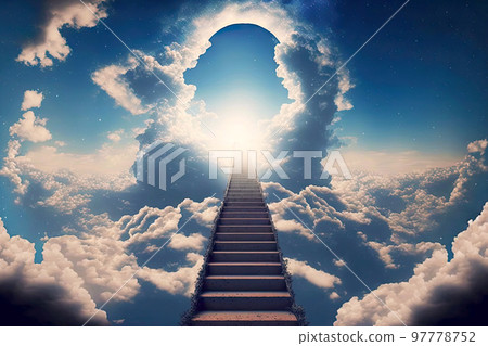 Cloud stairway to Heaven. Stairs in sky. Concept Religion