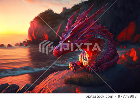 Lying on rock on seashore evil red dragons Lying on rock on seashore evil red dragons 97778998
