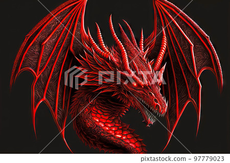 Neck with head from red dragons on dark gray background Neck with head from red dragons on dark gray background 97779023