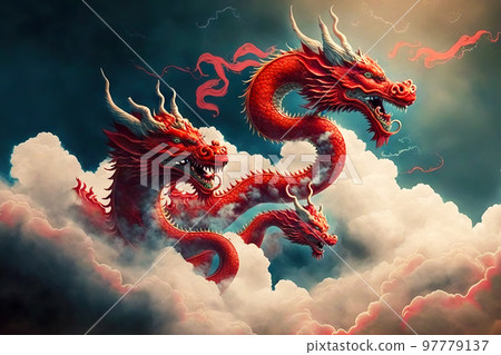 Fabulous Chinese red dragons fly among white clouds 97779137