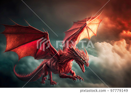 Chinese fancy red dragons fly in sky above clouds Chinese fancy red dragons fly in sky above clouds 97779149