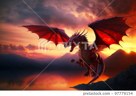 Traditional oriental red dragons against backdrop of sunset and mountains Traditional oriental red dragons against backdrop of sunset and mountains 97779154