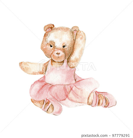 Watercolor hand drawn of brown bear ballerina in pink dress. Cute dancing mice, watercolor illustration, animal with cartoon character. Perfect for greeting card, print design, wedding invitation. 97779291