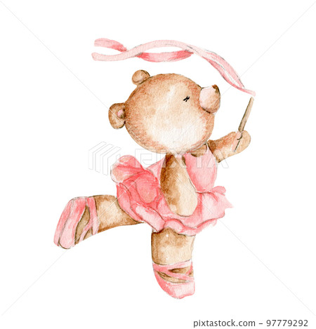 Watercolor hand drawn of brown bear ballerina in pink dress. Cute dancing mice, watercolor illustration, animal with cartoon character. Perfect for greeting card, print design, wedding invitation. 97779292