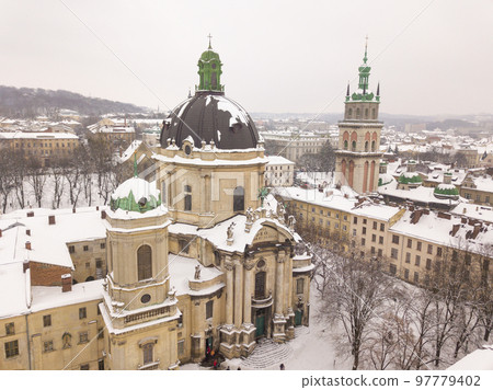 Ukraine, Lviv city center, old architecture, drone photo, bird's eye view in winter Ukraine, Lviv city center, old architecture, drone photo, bird's eye view in winter 97779402