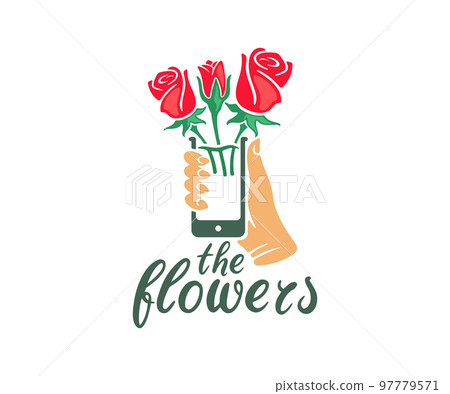 Female hand holding a smartphone and a bouquet of roses, logo design. Flowers, floristry, ordering flowers, nature and technology, vector design and illustration 97779571