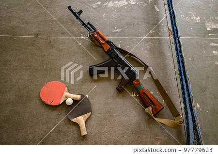 An abandoned sports hall at the school, sports equipment destroyed by time. An abandoned sports hall at the school, sports equipment destroyed by time. 97779623