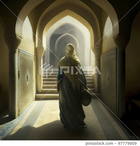 Woman with a White Scarf and Wide, Long Robe Walking Down a Hallway in a Mosque 97779809