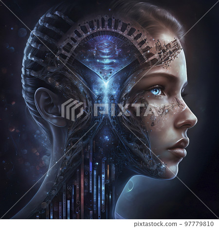 Concept Art Futuristic Cyborg Profile with Glowing Network 97779810