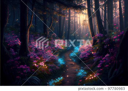 anime scenery of a forest with a path and flowers. generative ai