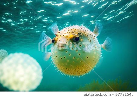 Balloon-like puffer fish with sharp spikes in illuminated water Balloon-like puffer fish with sharp spikes in illuminated water 97781543