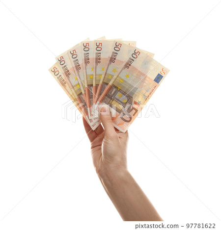 Woman with money on white background, closeup 97781622
