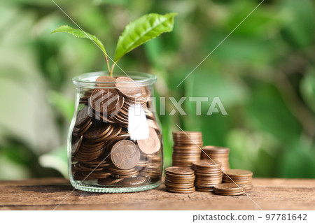 Money and sprout on wooden table against green blurred background Money and sprout on wooden table against green blurred background 97781642