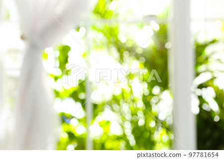 Blurred view through window on garden in morning 97781654