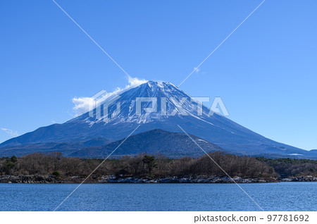 Blue sky and Mt.Fuji with baby, superb view from Lake Shoji Blue sky and Mt.Fuji with baby, superb view from Lake Shoji 97781692