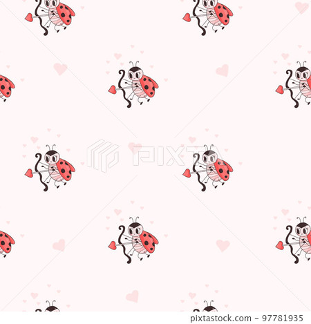 Seamless pattern with ladybug. Cute Amur insect ladybird on white background with hearts. Vector illustration. romantic endless background. 97781935