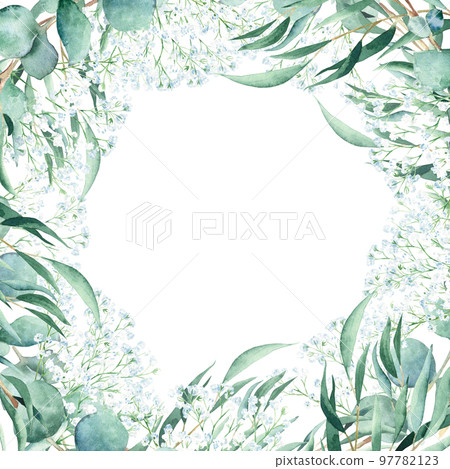 Eucalyptus and gypsophila. Watercolor greenery square frame. Hand drawn botanical illustration. Can be used as invitation card for wedding, birthday, anniversary, baby shower. 97782123