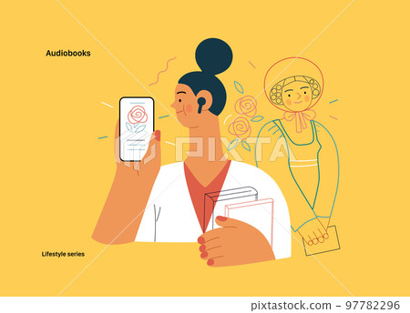 Lifestyle series - Audiobooks - modern flat vector illustration of a woman listening an audiobook with buds in the tablet application and a Victorian Era literary character. People activities concept Lifestyle series - Audiobooks - modern flat vector illustration of a woman listening an audiobook with buds in the tablet application and a Victorian Era literary character. People activities concept 97782296