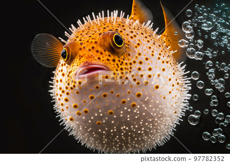 Spherical puffer fish with black eyes on dark background Spherical puffer fish with black eyes on dark background 97782352