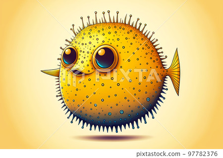 Picture swollen like ball yellow puffer fish with sharp spikes 97782376
