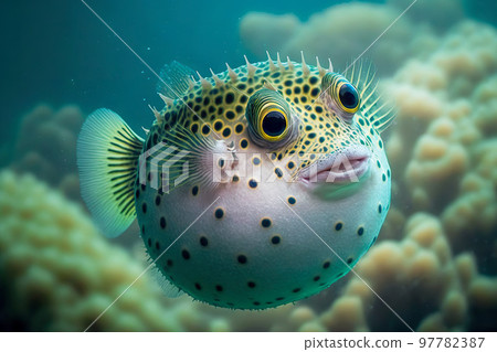Round as ball puffer fish floats in clear water of sea Round as ball puffer fish floats in clear water of sea 97782387