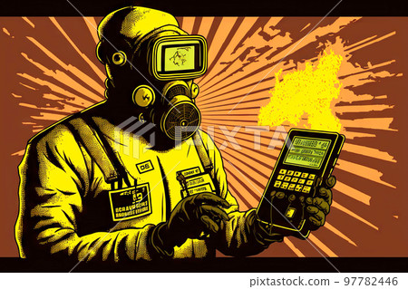 Specialist in gas mask monitors radiation hazard in production 97782446