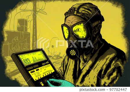 Specialist in gas mask monitors radiation hazard in production 97782447