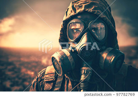 radiation hazard and man in protective suit and gas mask radiation hazard and man in protective suit and gas mask 97782769