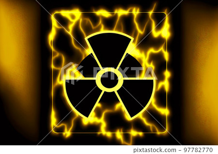 Yellow-lit black sign as radiation hazard symbol Yellow-lit black sign as radiation hazard symbol 97782770