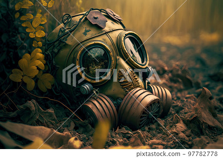 Gas mask lying on ground during radiation hazard 97782778