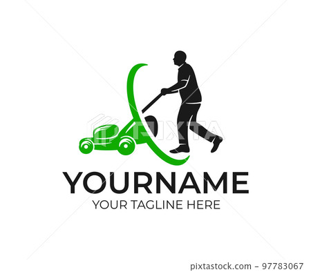 Lawnmower man and lawnmower, logo design. Landscape design and gardening, vector design and  illustration 97783067