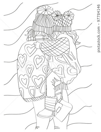 Vector illustration: a woman holds a small child in her arms. Antistress coloring page 97784146