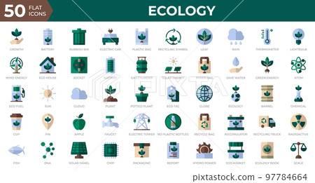 Set of 50 Ecology web icons in flat style. Recycling, biology, renewable energy. Flat icons collection. Vector illustration 97784664