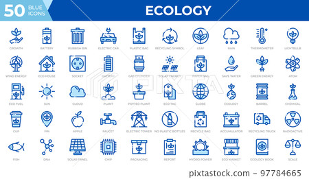 Set of 50 Ecology web icons in line blue style. Recycling, biology, renewable energy. Outline icons collection. Vector illustration 97784665