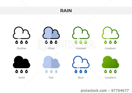 Rain icon in different style. Rain vector icons designed in outline, solid, colored, filled, gradient, and flat style. Symbol, logo illustration. Vector illustration Rain icon in different style. Rain vector icons designed in outline, solid, colored, filled, gradient, and flat style. Symbol, logo illustration. Vector illustration 97784677