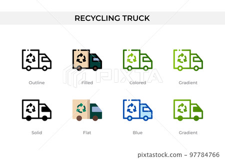 Recycling truck icon in different style. Recycling truck vector icons designed in outline, solid, colored, filled, gradient, and flat style. Symbol, logo illustration. Vector illustration Recycling truck icon in different style. Recycling truck vector icons designed in outline, solid, colored, filled, gradient, and flat style. Symbol, logo illustration. Vector illustration 97784766