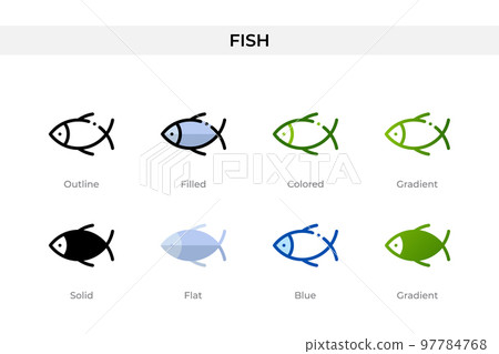 Fish icon in different style. Fish vector icons designed in outline, solid, colored, filled, gradient, and flat style. Symbol, logo illustration. Vector illustration Fish icon in different style. Fish vector icons designed in outline, solid, colored, filled, gradient, and flat style. Symbol, logo illustration. Vector illustration 97784768