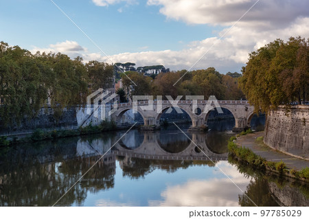 River Tiber and Bridge in a historic City, Rome, Italy. River Tiber and Bridge in a historic City, Rome, Italy. 97785029