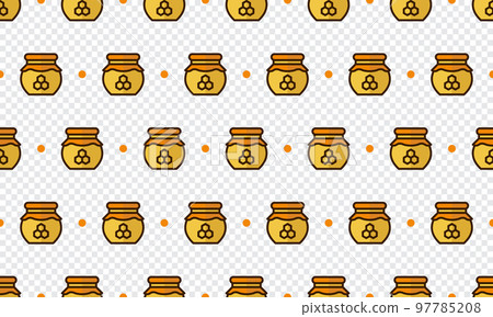 Honey jar pattern with cartoon honey jars. Seamless honey jar background. Summer and spring seamless pattern with flat style honey jars. Vector illustration 97785208